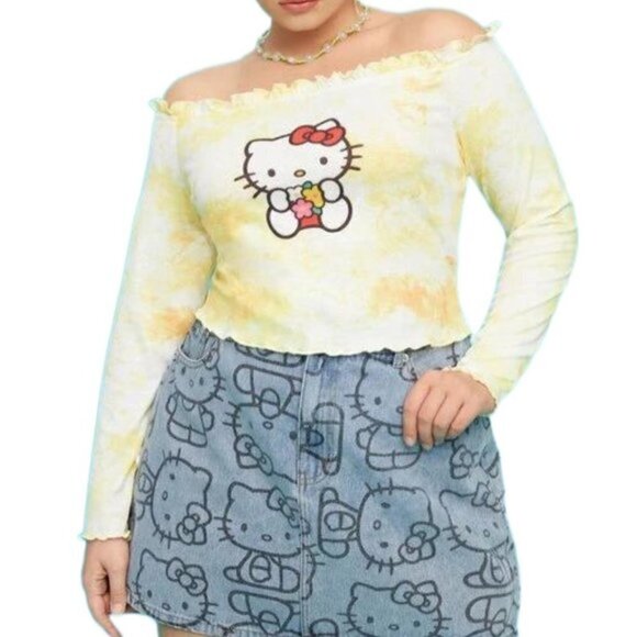 SHEIN X Hello Kitty Yellow Tie Dye Ruffle Cropped Long Sleeve Top 0X - Picture 1 of 4